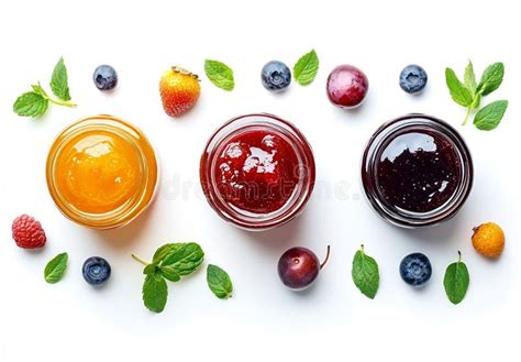 Three Jars of Fruit Preserves with Fresh Fruit and Mint Stock ...