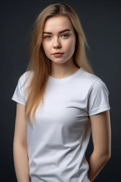 Premium AI Image | A blonde girl in a white t - shirt is posing on a ...