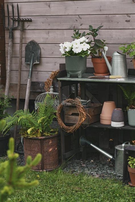 Gardener Work Bench (potting Table) in Summer Garden. Stock Photo ...