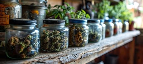 Premium Photo | Dried herbs in glass jars on a wooden shelf A variety ...