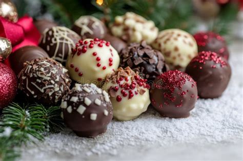 Chocolate Truffles with Red and White Decorations Resting on Powdered ...