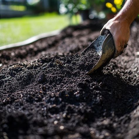 A closeup of compost being spread on a garden bed enriching the soil ...