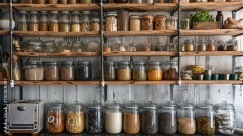 A fully stocked indoor shelf with a variety of preserved food items in ...