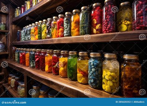 Colorful Preserved Foods In Glass Jars On Rustic Wooden Shelves Stock ...