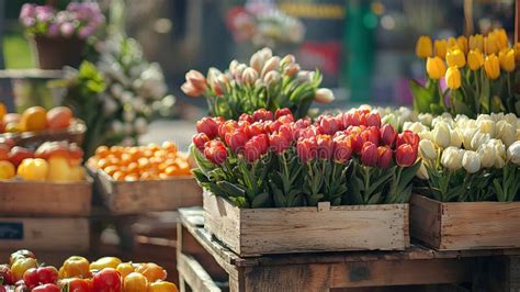 Vibrant Farmers Market Stall with Fresh Tulips and Produce in Wooden ...