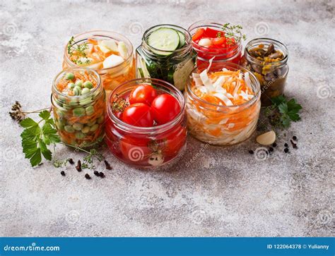 Fermented Food. Preserved Vegetables in Jars Stock Photo - Image of ...
