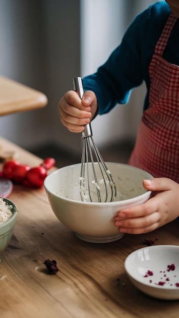 Child hands and bowl for baking mixing and learning in kitchen with ...