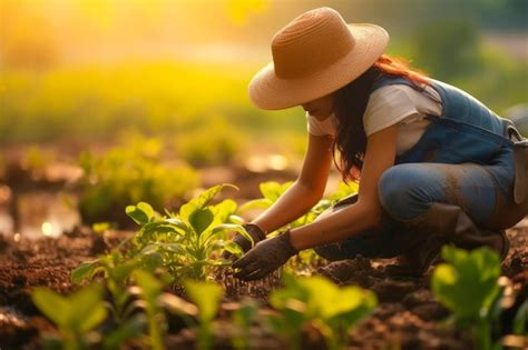 Premium AI Image | A female farmer tending to a field of crops