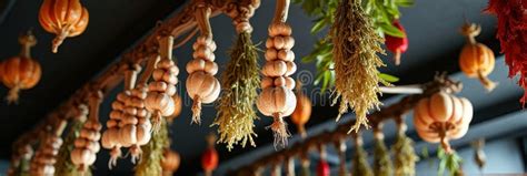 Hanging Dried Herbs and Gourds in Rustic Kitchen Interior Stock Photo ...