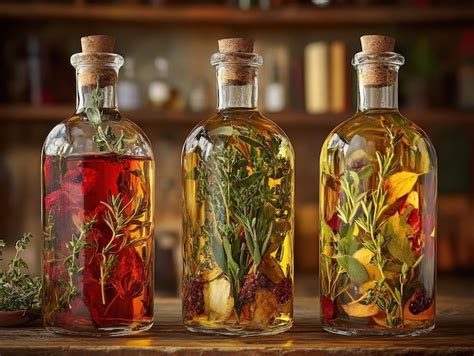 Herbinfused oils and vinegars in decorative bottles | Premium AI ...
