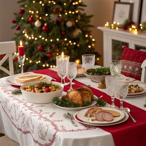 A Beautifully Set Festive Holiday Table for Christmas Dinner, Adorned ...