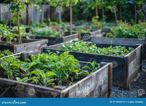 Raised Garden Beds Filled with Thriving Vegetables in Backyard Stock ...