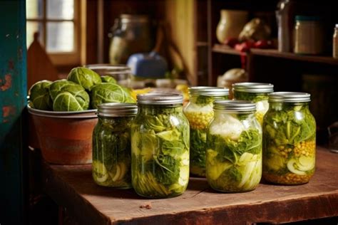 Homemade pickled vegetables in jars on rustic kitchen table