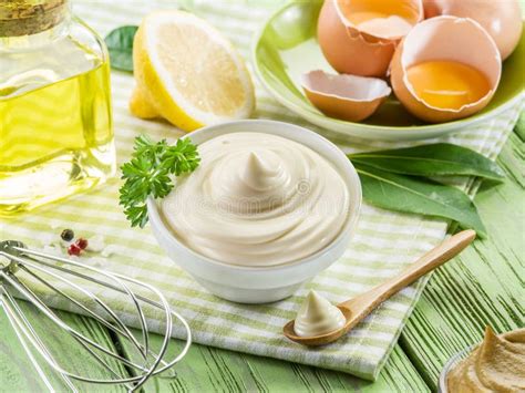 Homemade Mayonnaise with Ingredients and Herbs Stock Photo - Image of ...