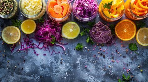 Colorful preserved foods display featuring sauerkraut pickles and fresh ...