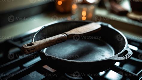 Cast iron skillet on a stovetop with a wooden spatula ready for cooking ...