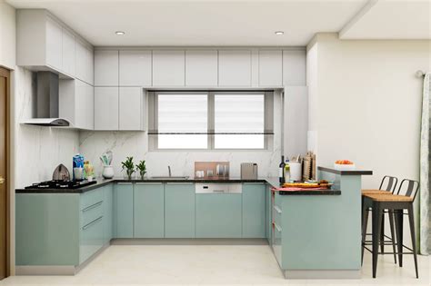 Spacious Kitchen Design With Breakfast Counter And Pale Blue Cabinets ...