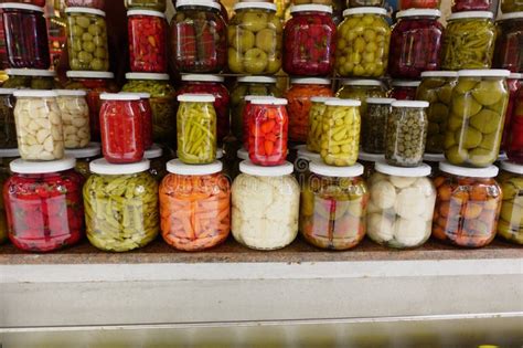 Canned Fruits and Vegetables in Glass Jars Stock Photo - Image of olive ...