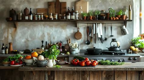 A rustic kitchen with a countertop full of fresh produce and a vintage ...