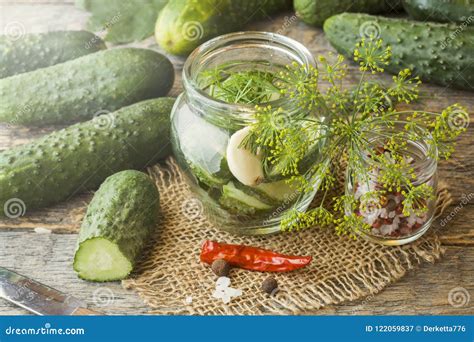 Pickled Cucumbers, Garlic and Spices for Pickling in a Jar on a Stock ...