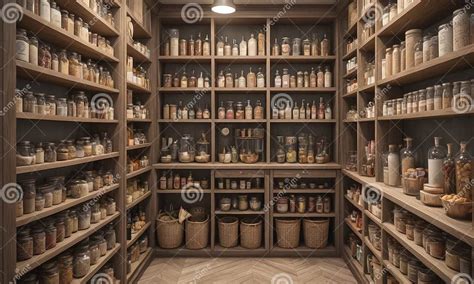 Well-stocked Pantry with Wooden Shelves and Glass Jars Filled with ...