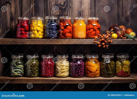 Colorful Preserved Foods In Glass Jars On Rustic Wooden Shelves Stock ...