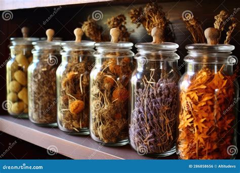 Close-up of Dried Medicinal Herbs in Glass Jars Stock Illustration ...