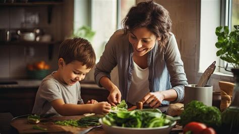 Mom and Kids Cooking Healthy Meals Together | Premium AI-generated image