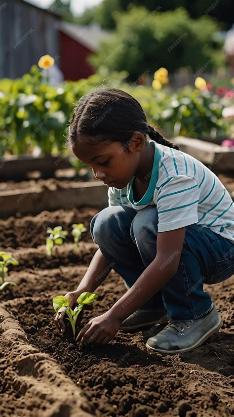 Child planting seeds in a community garden symbolizi | Premium AI ...