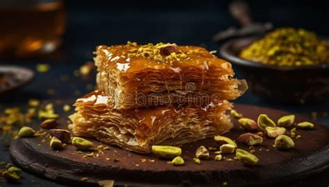 Sticky Honey Baklava on Wooden Cutting Board Generated by AI Stock ...