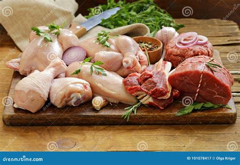 Raw Meat Assortment - Beef, Lamb, Chicken Stock Image - Image of board ...