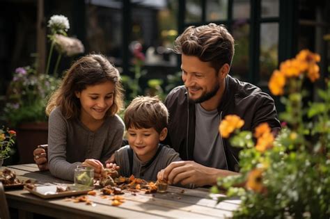 A family enjoying a meal together in a lush green garden setting ...