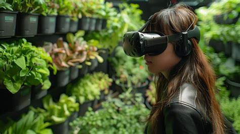 Woman Experiencing Virtual Reality Gardening In An Indoor Vertical ...