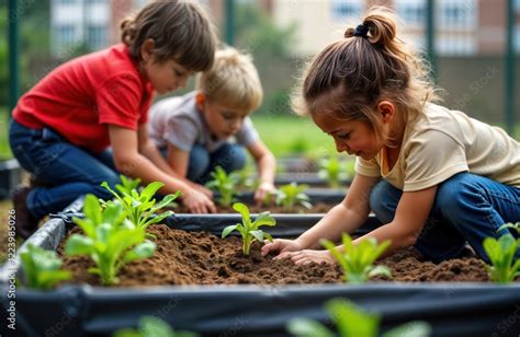 Focused children plant seeds in garden beds. Group of school students ...