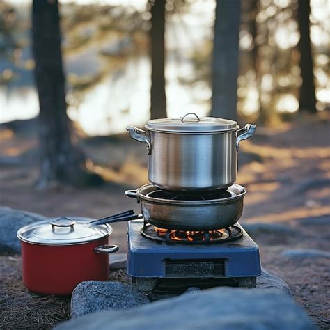 Portable camping stove with a pot and pan set up for cooking in the ...
