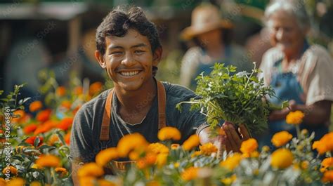 community garden harvest, smiling volunteers of diverse backgrounds in ...