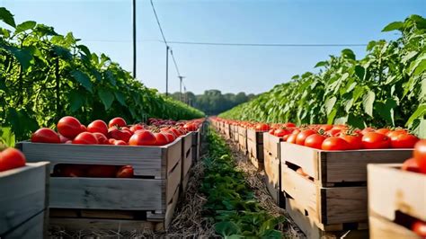 Bountiful Tomato Harvest in Wooden Crates at a Sunny Vegetable Farm ...