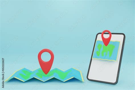 Smartphone with mobile navigation app on screen. Route map with symbols ...