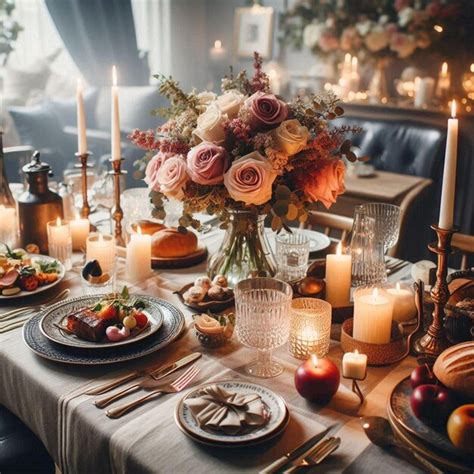 Create a cozy and inviting image of a beautifully set dinner table in a ...