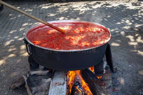 Traditional Making Tomato Paste in Boiler with Wood Fire in the Village ...