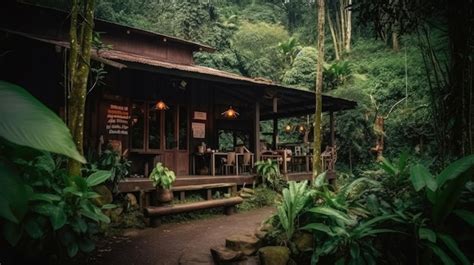 Premium AI Image | Coffee shop or village in the jungle forest